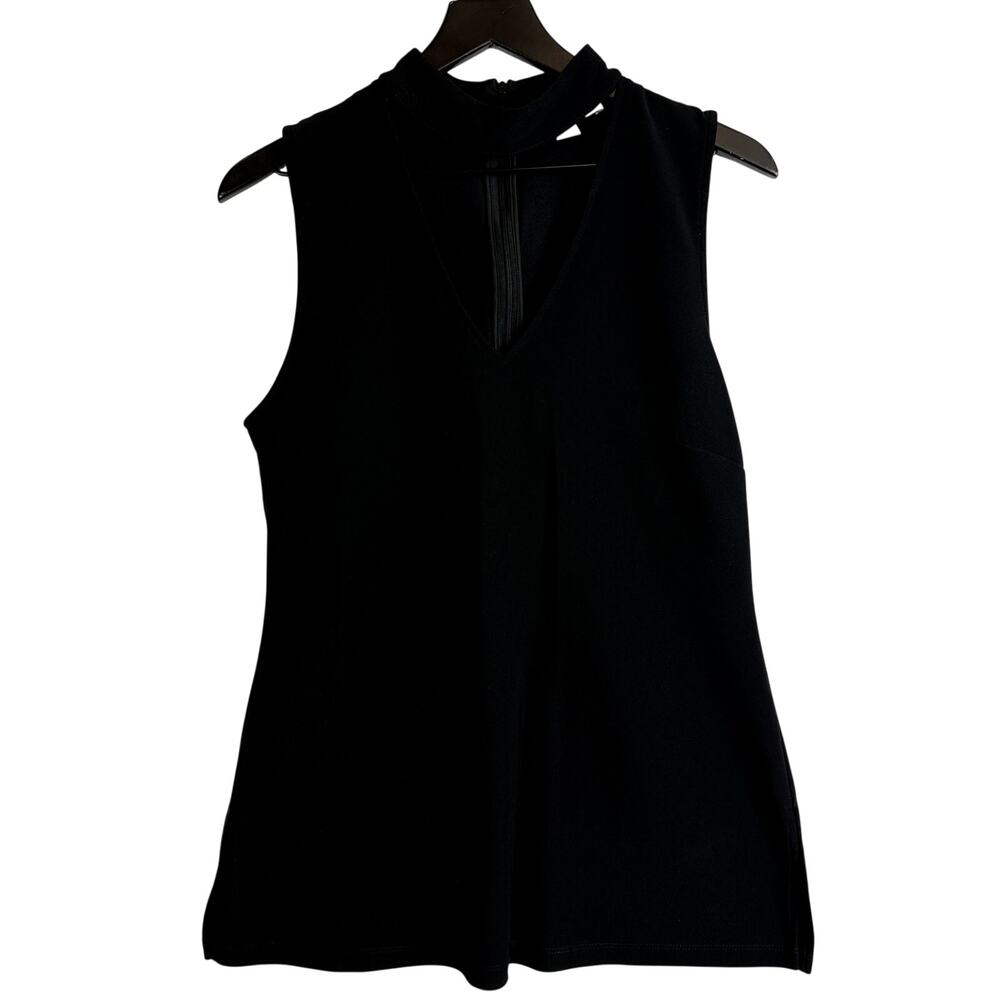 Boston Proper Choker Vneck Mock Neck Sleeveless Tunic Top Black - M